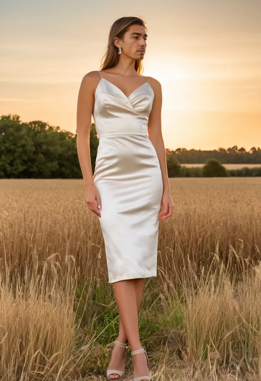 Man in luxurious heavy-weight ivory duchess satin dress that stands slightly away from the body at the hem, elegant formal look