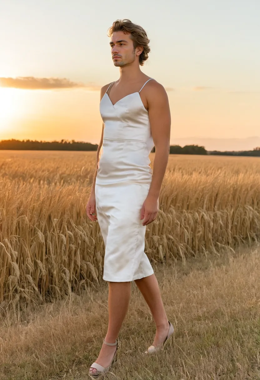 Man wearing an elegant ivory duchess satin midi dress with a structured stiff fabric, high sheen, and fitted silhouette with defined waist in a sunset field
