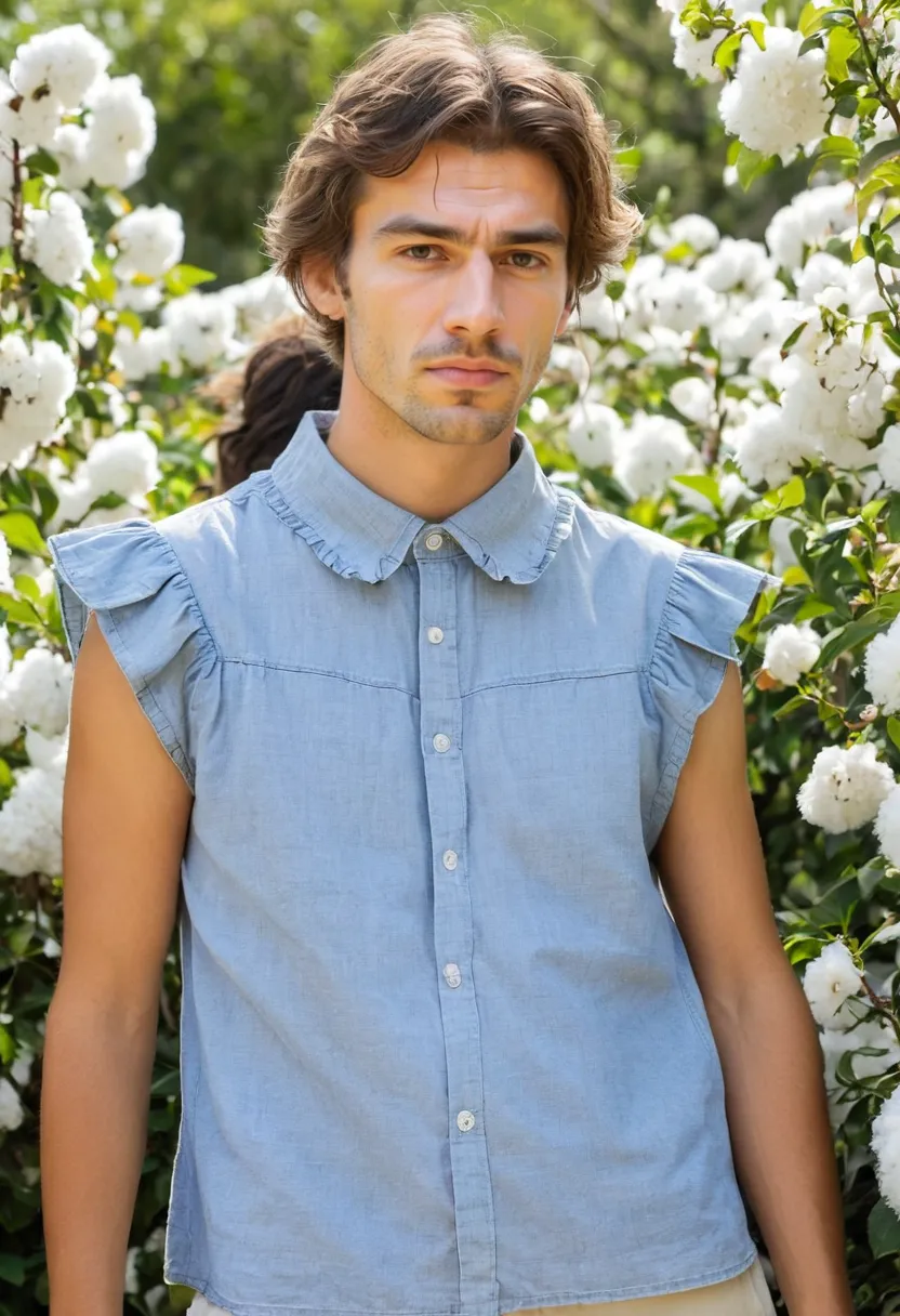 washed soft cotton chambray ruffle shirt with lived-in texture, casual styling in garden setting