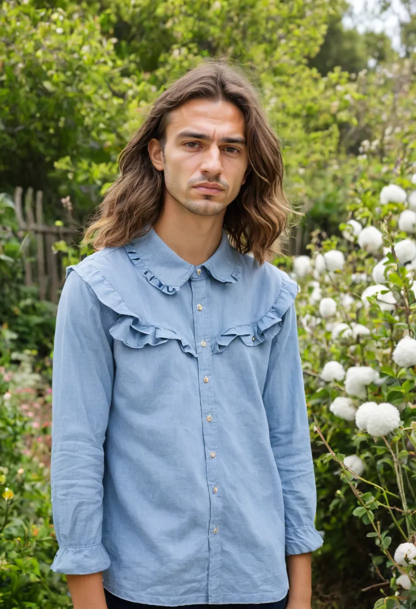 man wearing a relaxed ruffled shirt in soft cotton chambray with a single row of small soft ruffles at the collar, oversized relaxed fit