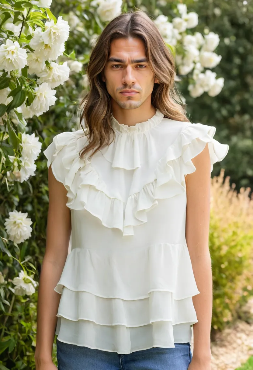 Man in ivory statement ruffle blouse featuring cascading tiered layers from top to bottom, lightweight chiffon fabric with soft sheen and floating rippled movement