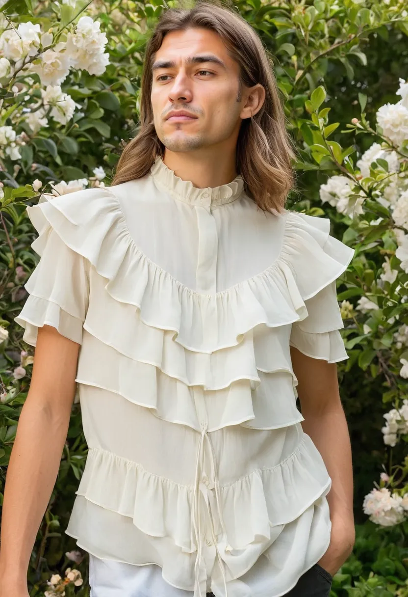 Man wearing statement ivory ruffle blouse with cascading tiered ruffles from collar to hem, lightweight chiffon with subtle sheen and progressively wider layers