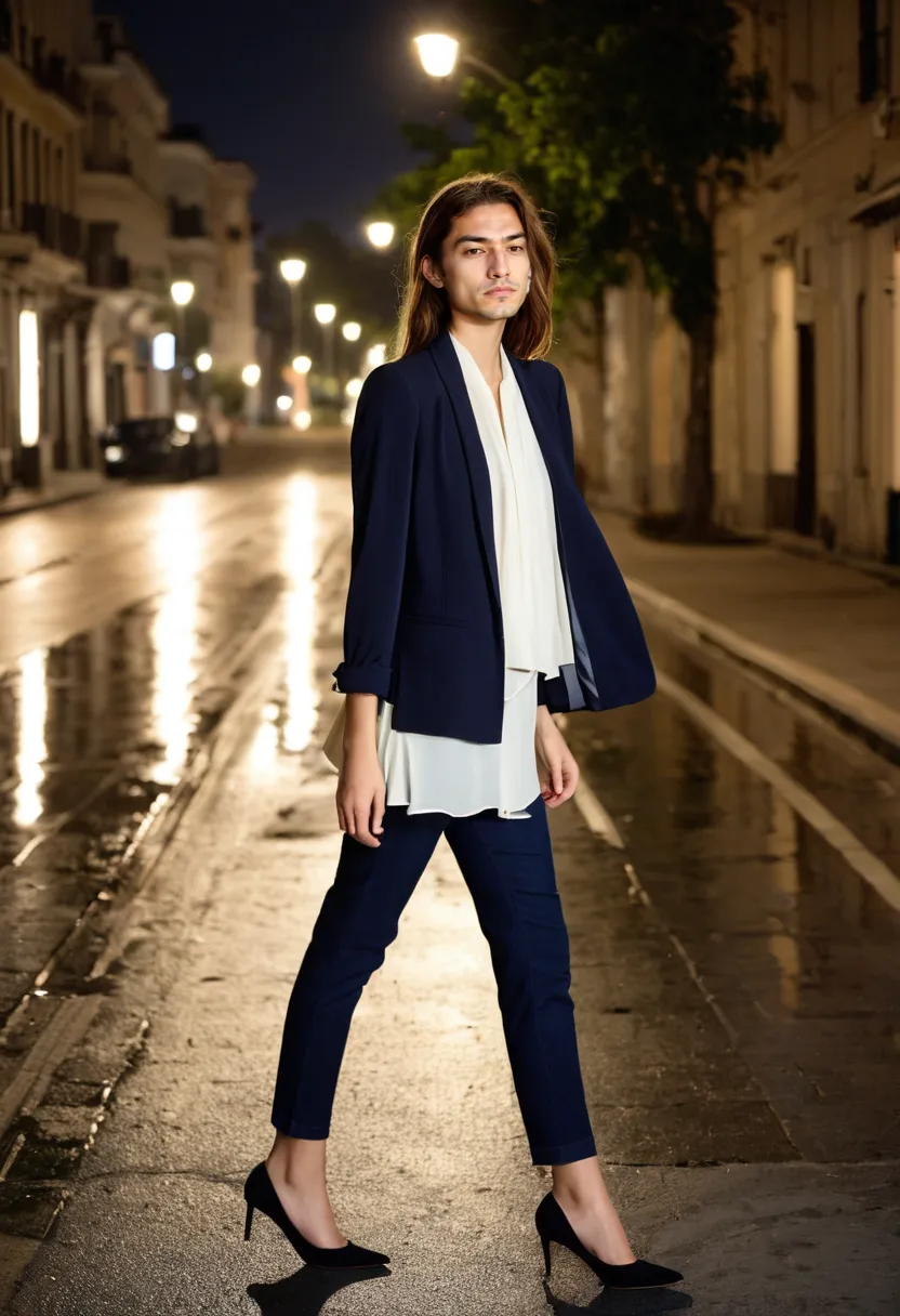 Androgynous styling for men mixing structured navy outerwear with flowing chiffon layer
