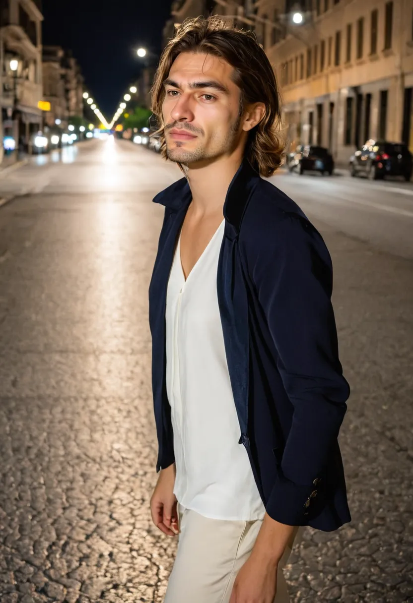 Gender blending fashion look with navy blazer and ivory chiffon blouse styled for evening