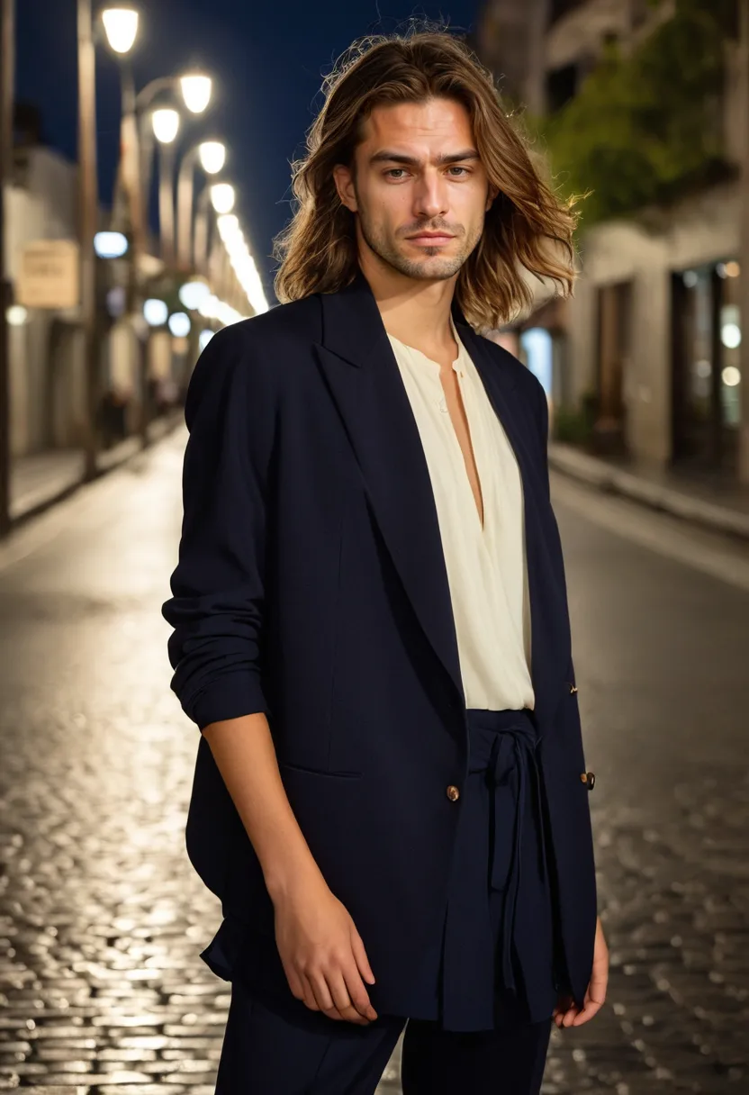 Man wearing a structured navy blazer over a flowing ivory chiffon blouse on an empty wet night street