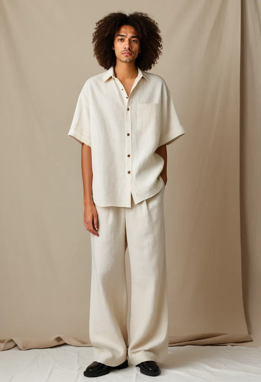 Side profile of oversized linen shirt and wide-leg trousers in cream natural tones