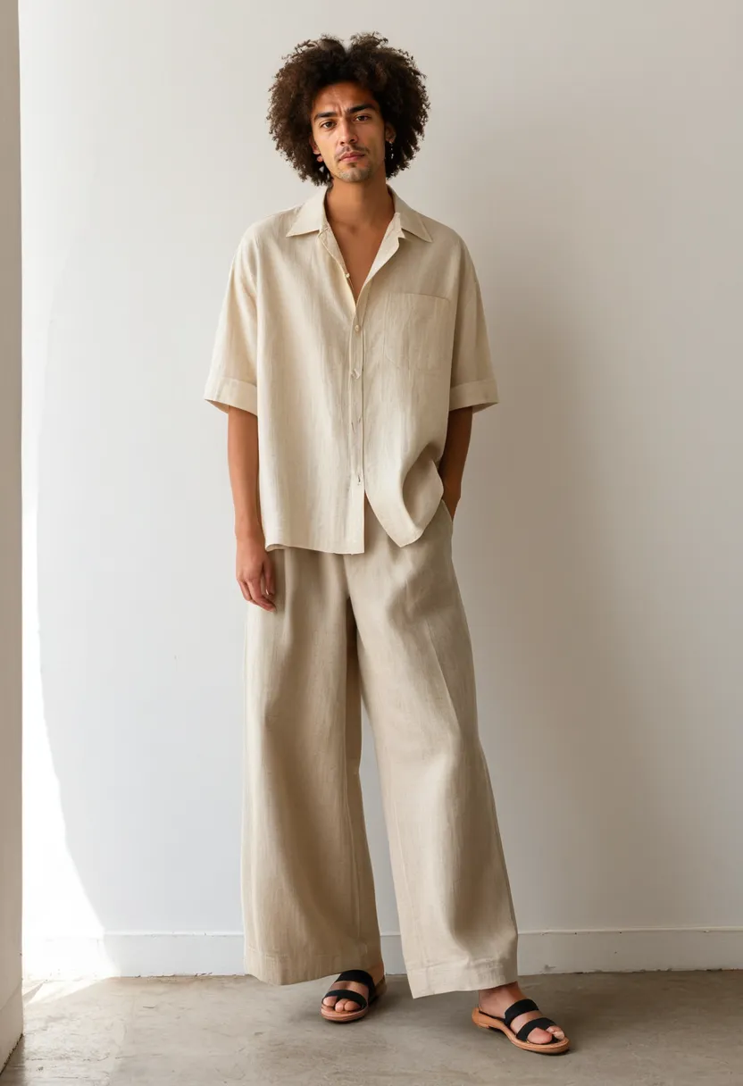 Relaxed ungendered silhouette in natural linen with holographic studio lighting