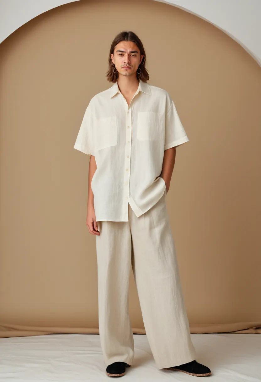 Boy wearing an oversized cream linen shirt with wide-leg tailored trousers in natural woven fabric