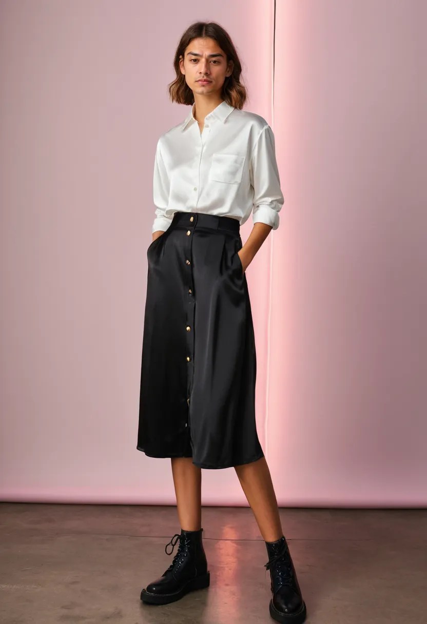 Full look of white button-down and satin midi skirt under holographic studio lighting
