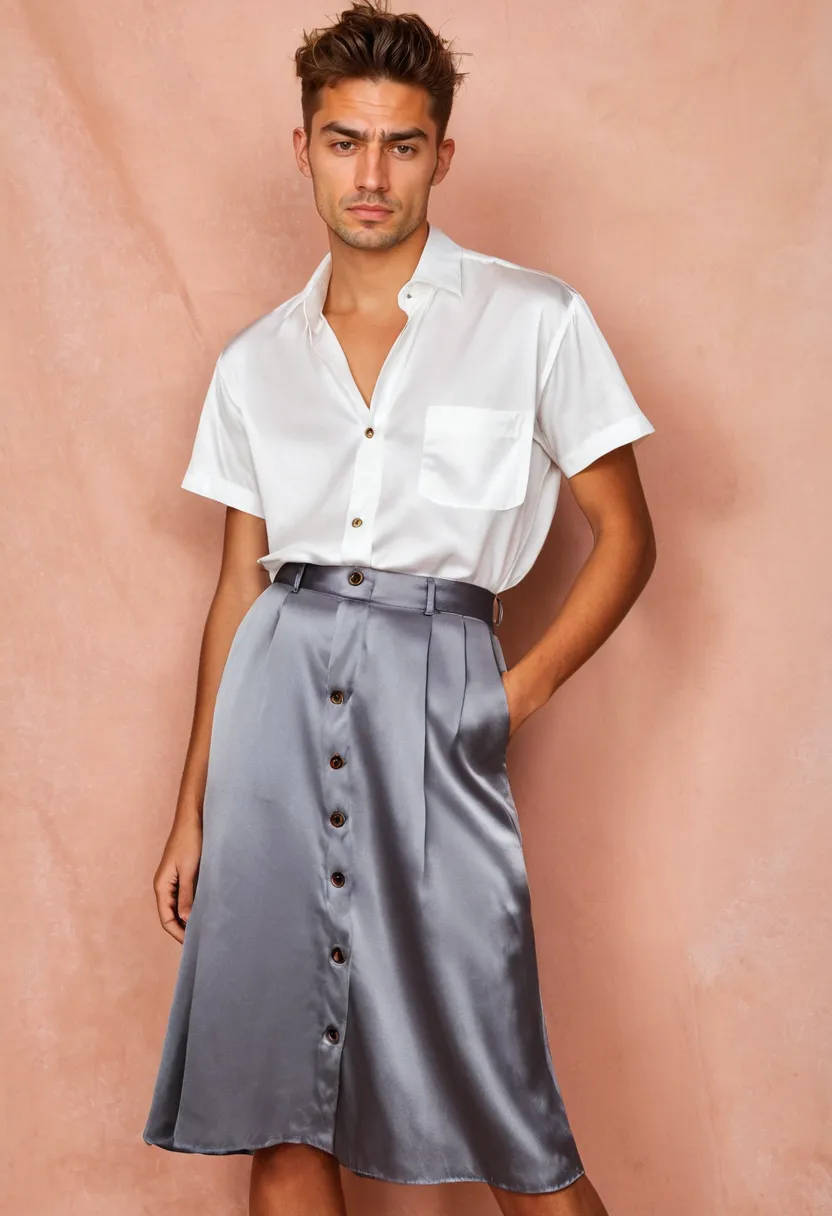 Casual masculine shirt fabric paired with feminine satin skirt in gender-free styling