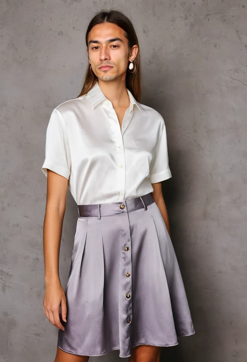 Boy wearing a loose white button-down shirt over a smooth satin midi skirt