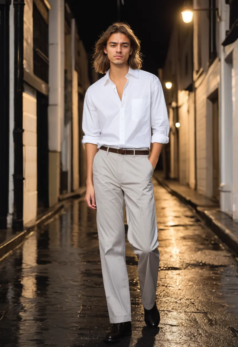 Men in unisex fashion wearing white button-down and tailored grey trousers against wet pavement