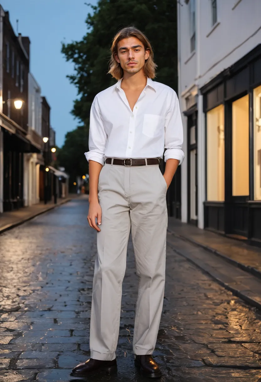 Unisex staple pieces featuring crisp poplin shirt and grey trousers in a minimalist gender neutral outfit