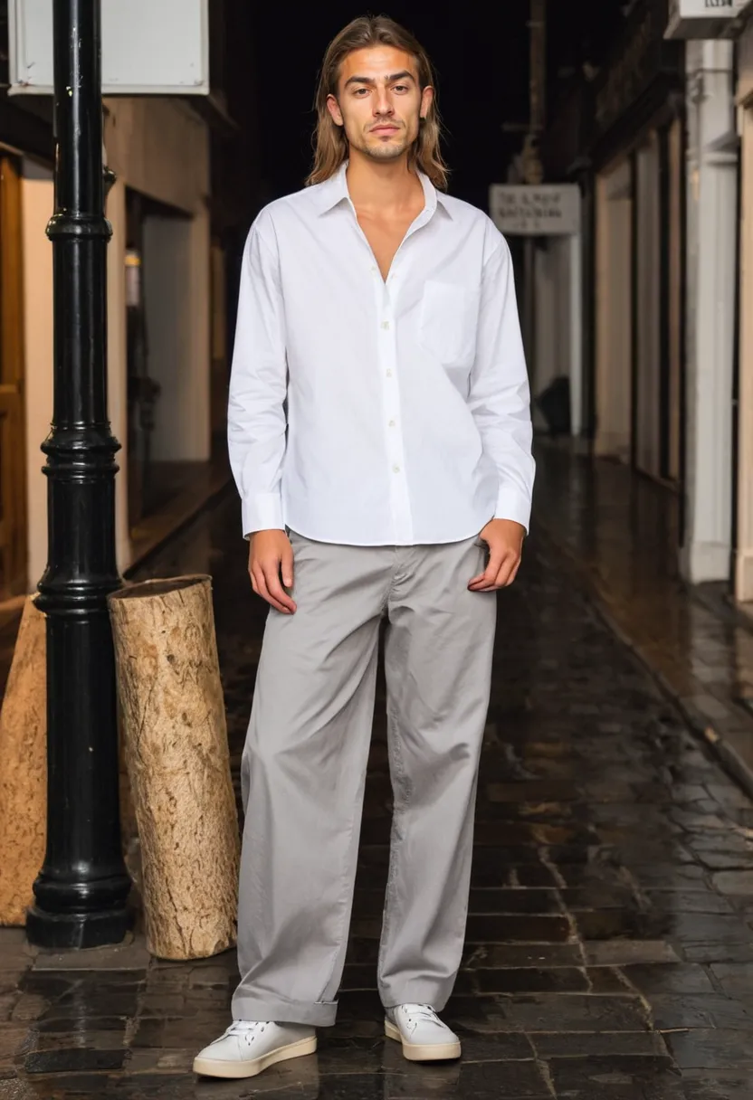 Man wearing a classic white cotton poplin button-down with relaxed straight-leg soft grey trousers on an empty night street