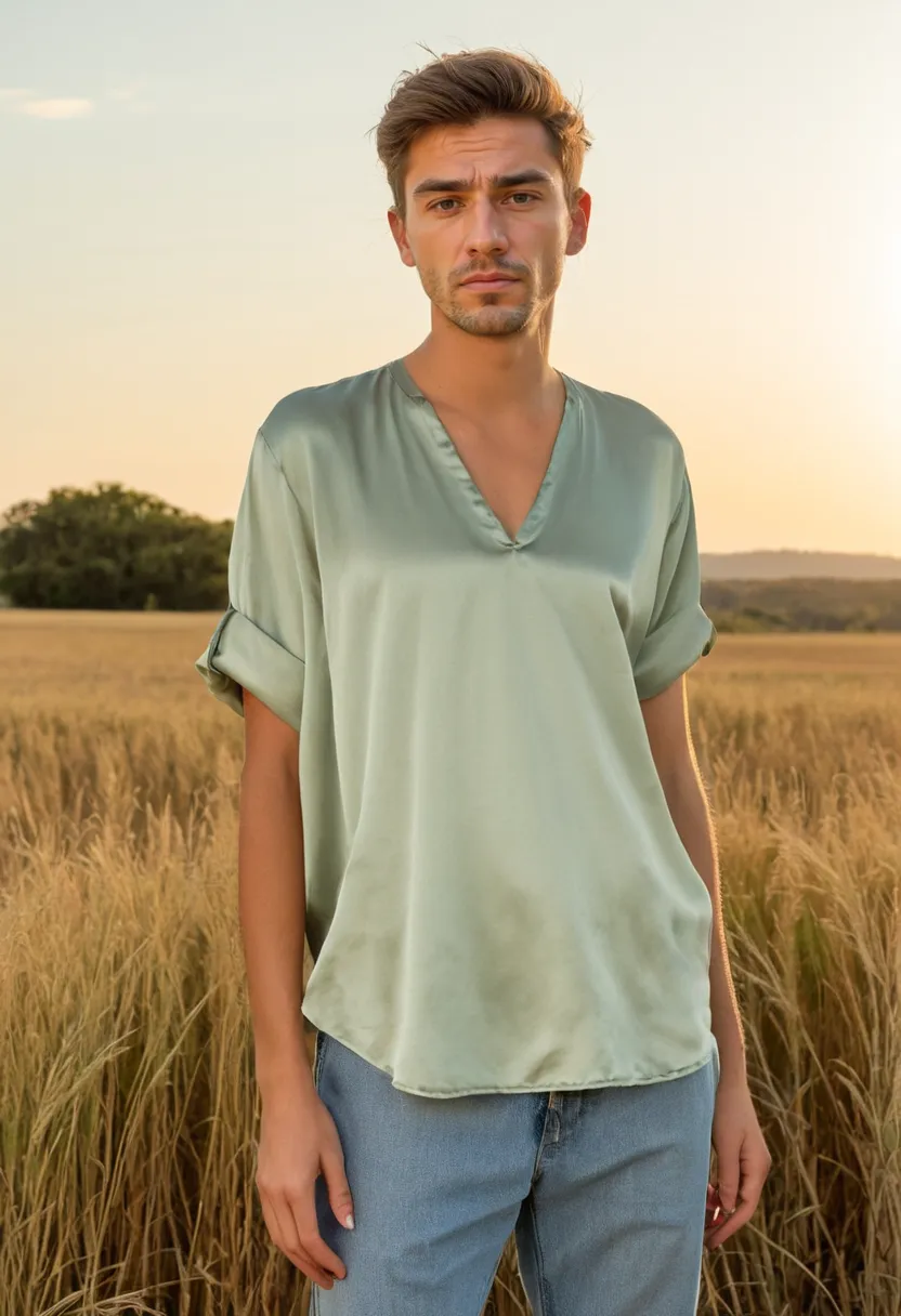 Close-up of oversized sage satin blouse with minimal V-neck and soft rolled sleeves