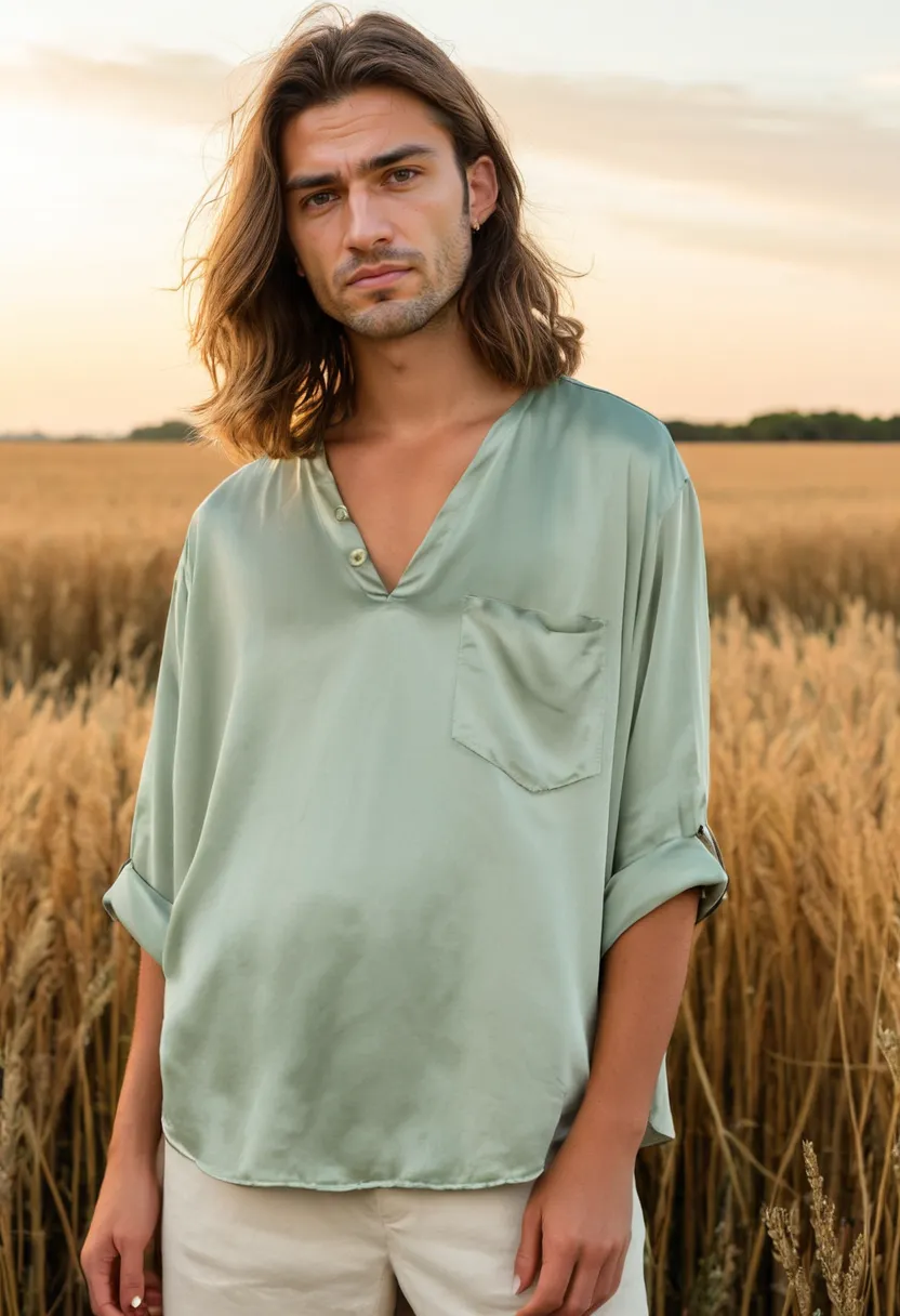 Pale sage green satin blouse showing natural silky drape and subtle luxurious sheen on male model