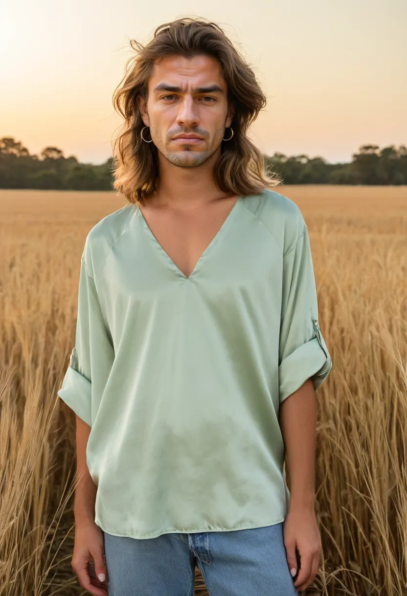 Man wearing a relaxed oversized sage green satin blouse with rolled-up sleeves