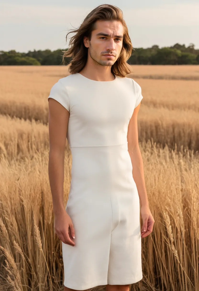 Minimal ivory ponte sheath dress on a man with matte surface, structured refined fit, and clean minimal design in sunset field