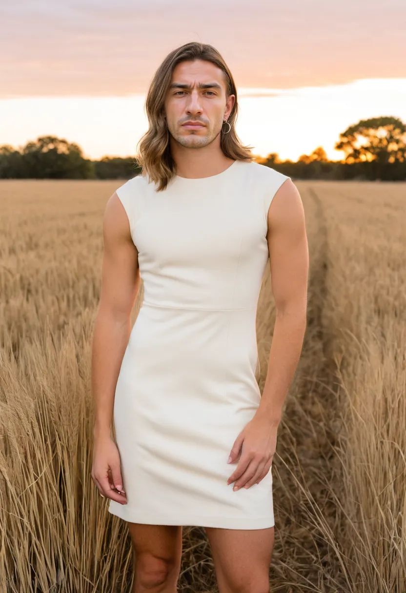 Man wearing a simple elegant ivory sheath dress in smooth ponte fabric, perfectly fitted with clean seam lines and knee-length hem
