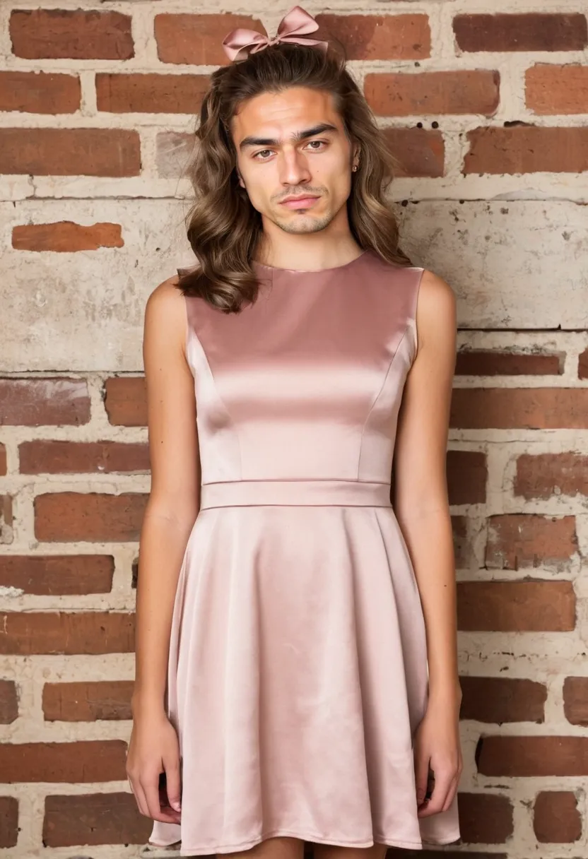 Boy wearing a dusty rose satin dress with a matching satin hair bow in the exact same fabric and color coordinated from garment to accessory
