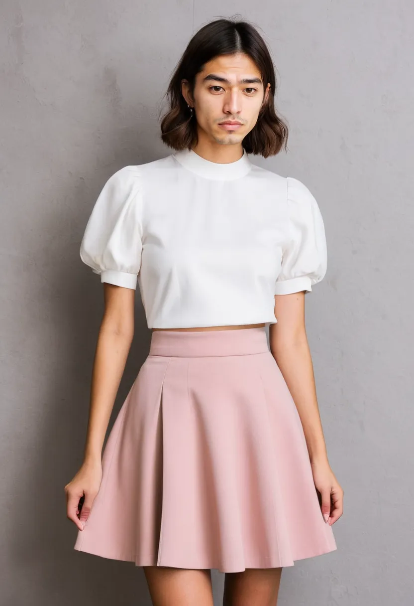 Japanese feminine fashion online shopping inspiration: structured dusty pink skirt and crisp white blouse with puffed sleeves under holographic studio lighting