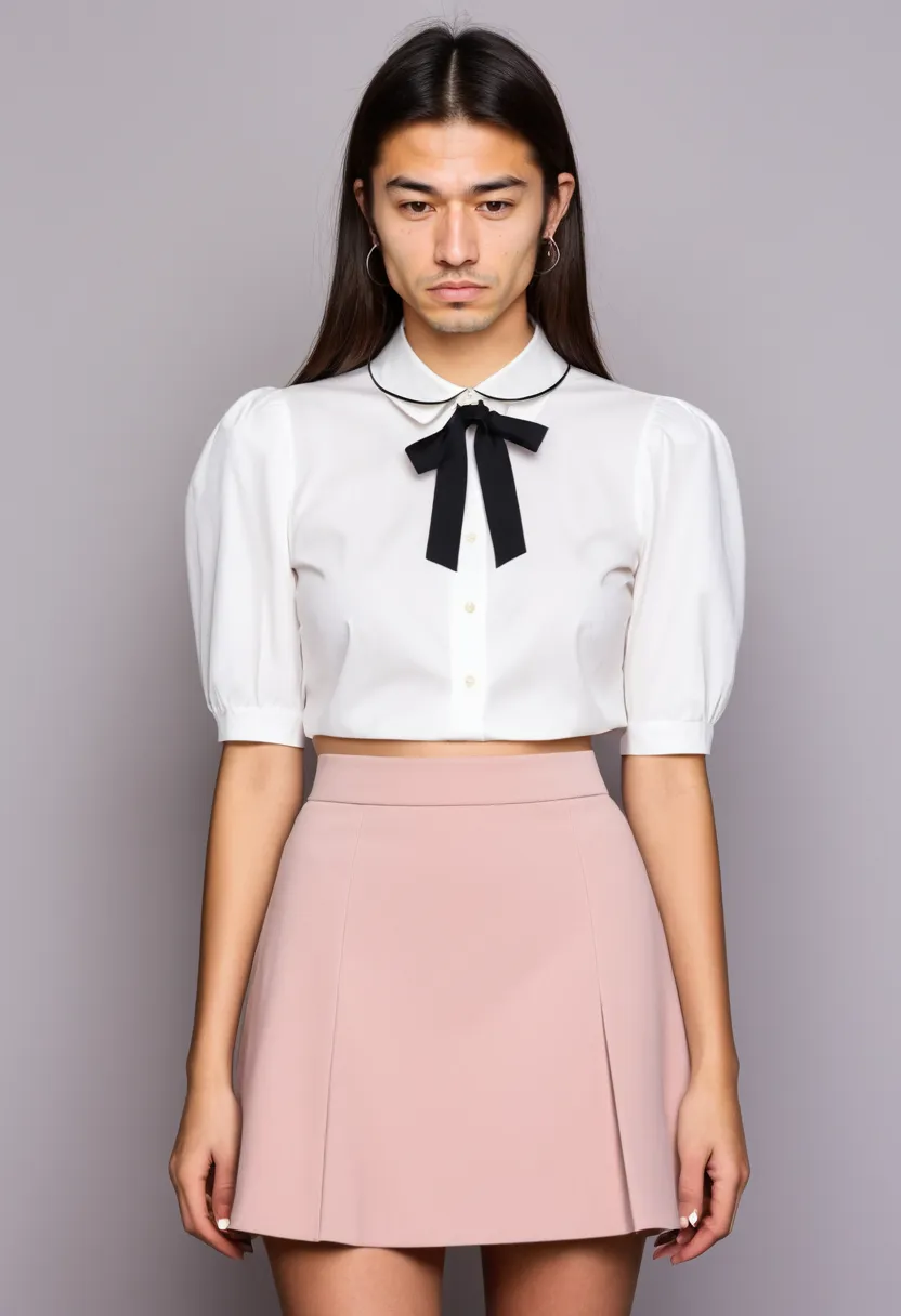 Authentic Harajuku femboy look featuring a dusty pink A-line skirt and white puff-sleeve blouse with precise clean seam lines