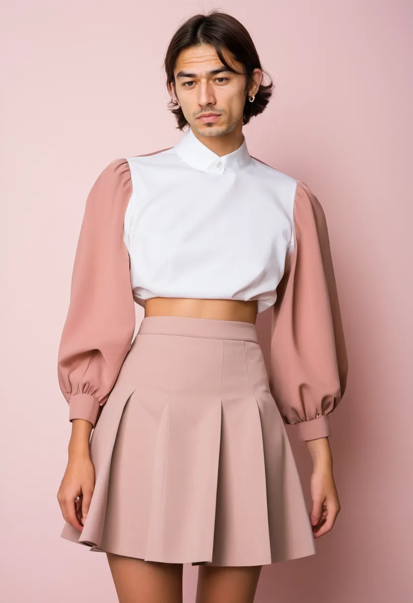 Boy wearing authentic Japanese feminine fashion with a structured A-line skirt in dusty pink and crisp white blouse with puffed sleeves, photographed against a neon noir studio backdrop