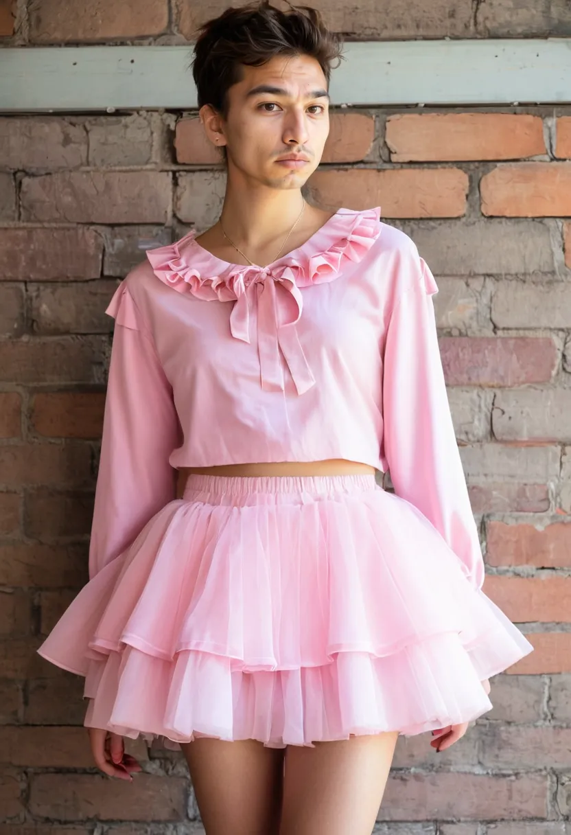 Japanese harajuku man outfit with pink ruffled blouse and tulle skirt in an industrial loft setting