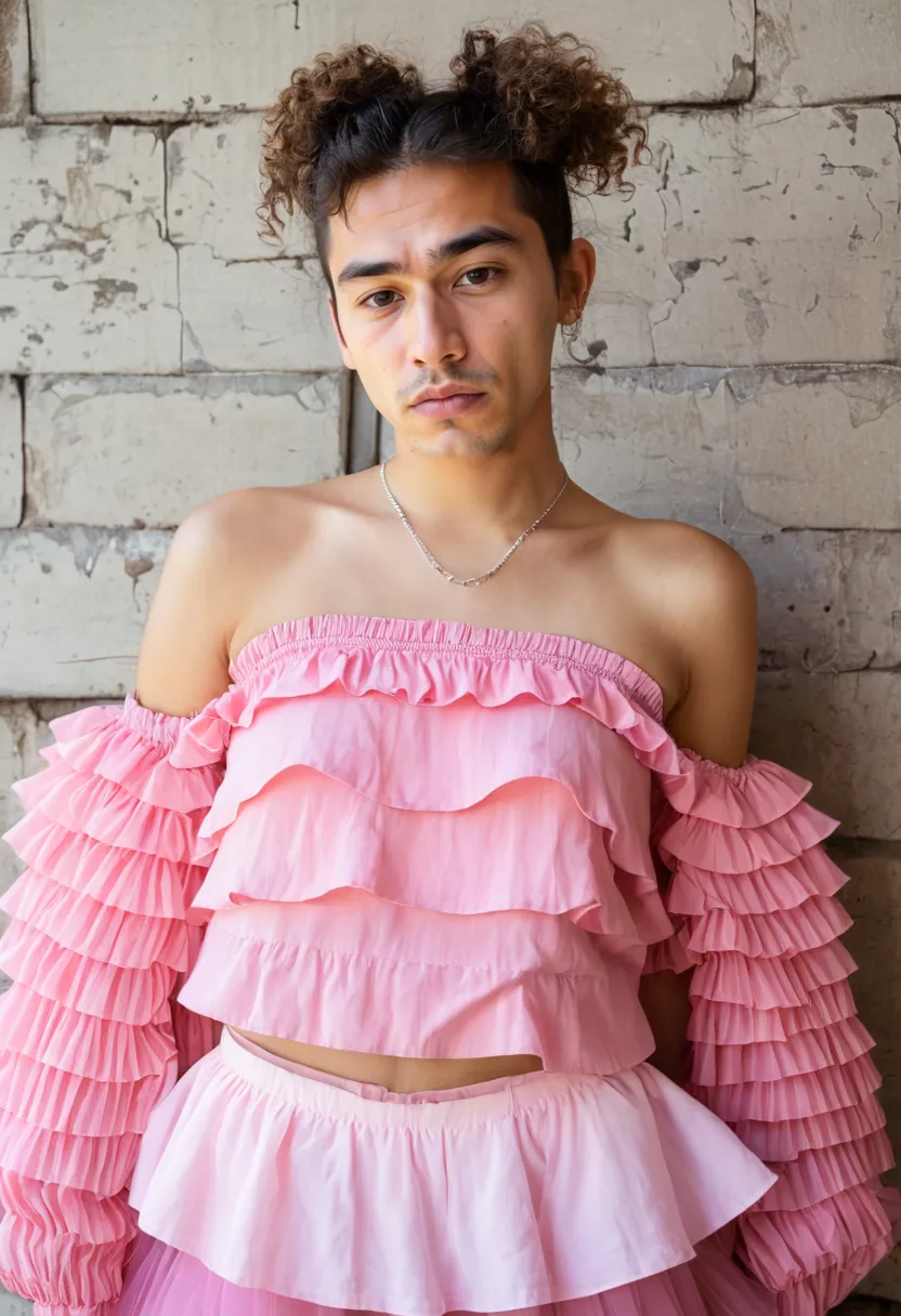 Harajuku style for boys featuring voluminous fabrics in bright pink tones against a brick loft wall