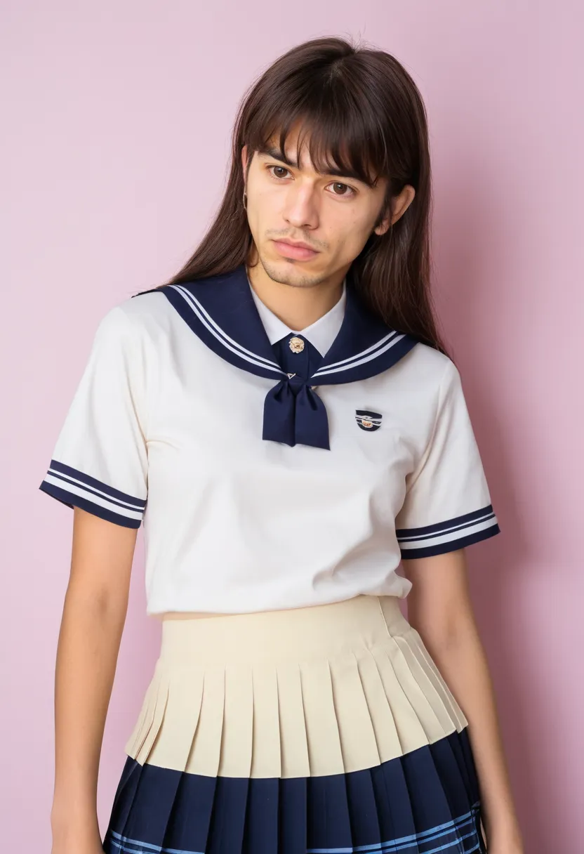 Pastel schoolboy-inspired Japanese feminine boy style with pleated skirt, sailor collar blouse, and dramatic neon noir studio backdrop