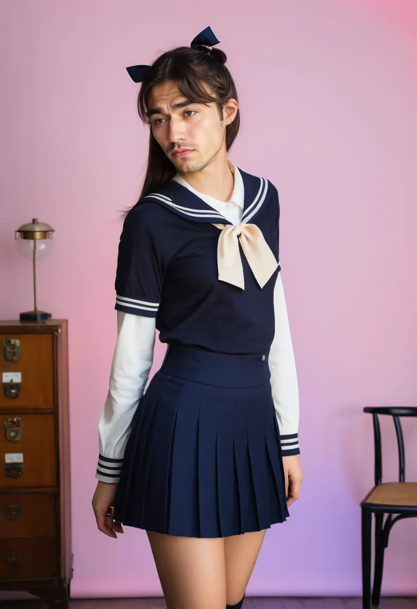 Japanese femboy fashion look featuring a cream pleated skirt and navy-trimmed sailor blouse, styled against holographic neon lighting