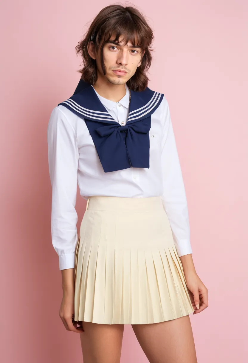 Man wearing a layered pastel schoolboy-inspired outfit with a pleated cream skirt and fitted sailor-collar blouse in white and navy, photographed in a neon noir studio with holographic accents