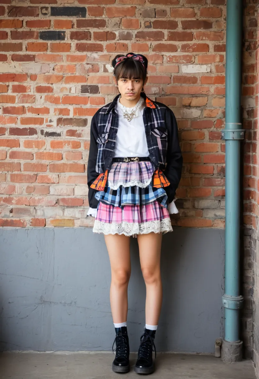 Colorful harajuku looks for boys featuring heavy accessorizing and mixed fabric layering against brick