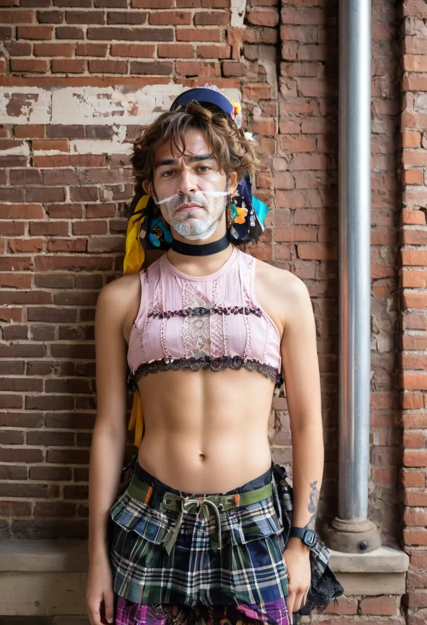 Boy wearing a heavily accessorized harajuku look with colorful layered lace, satin and plaid fabrics
