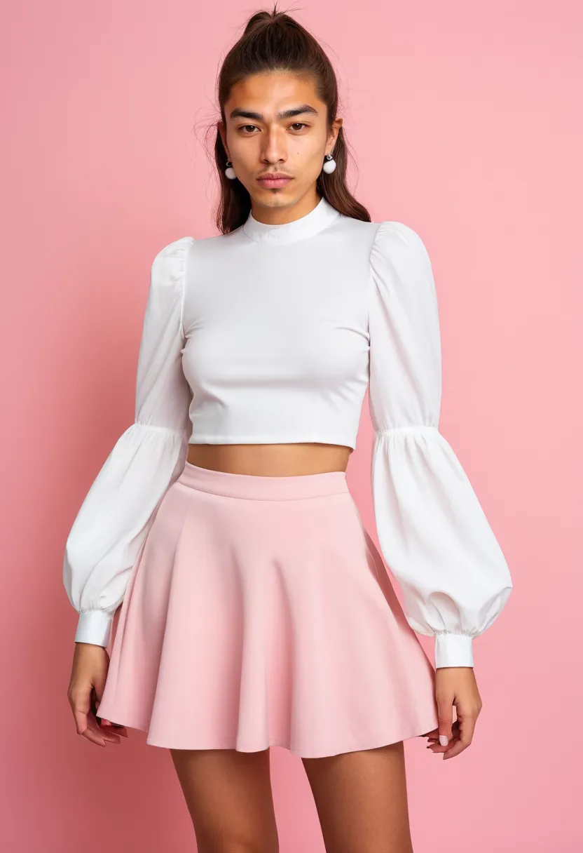 Boy styled in kawaii look with lightweight fabrics, pink flared skirt and white puff-sleeve top under neon noir studio lighting