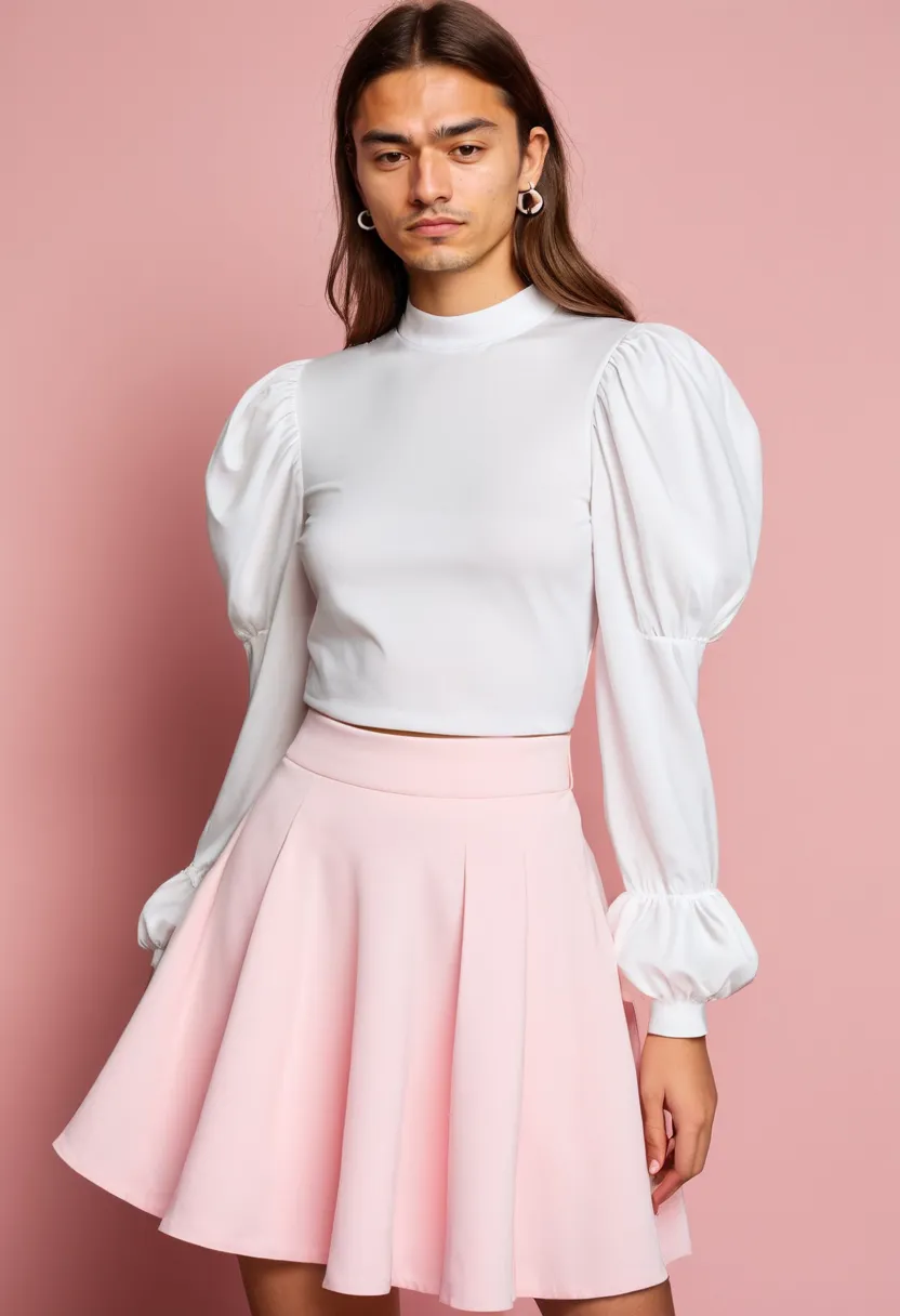 Japanese kawaii outfits for boys featuring white puff-sleeve blouse with elastic cuffs and a gently flared pink skirt