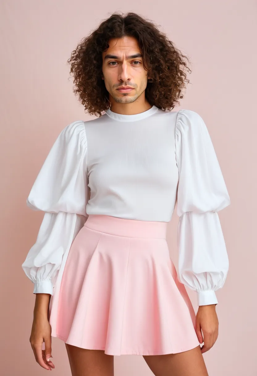 A boy wearing japanese kawaii outfit with a pastel pink flared skirt and a white puff-sleeve blouse in lightweight fabric