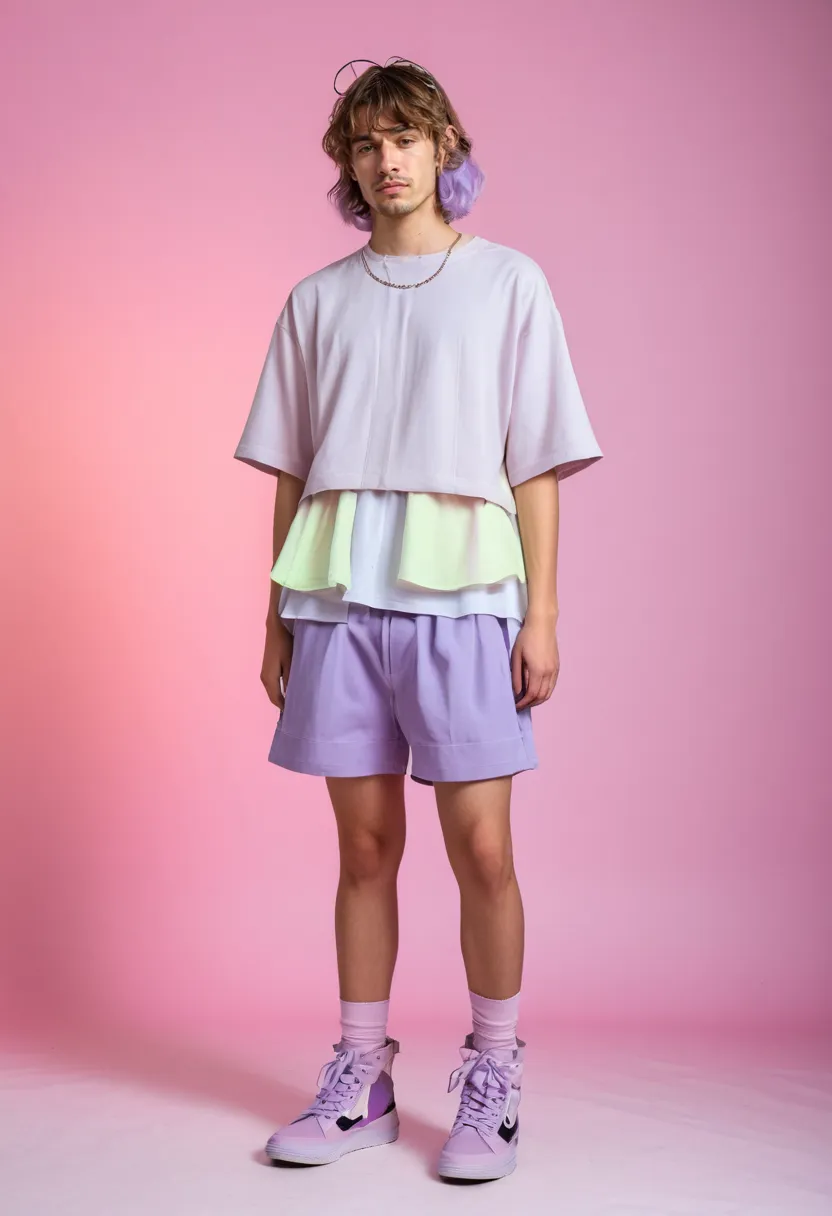 Japanese soft boy outfits inspired by Harajuku subcultures with pastel layering and holographic studio accents