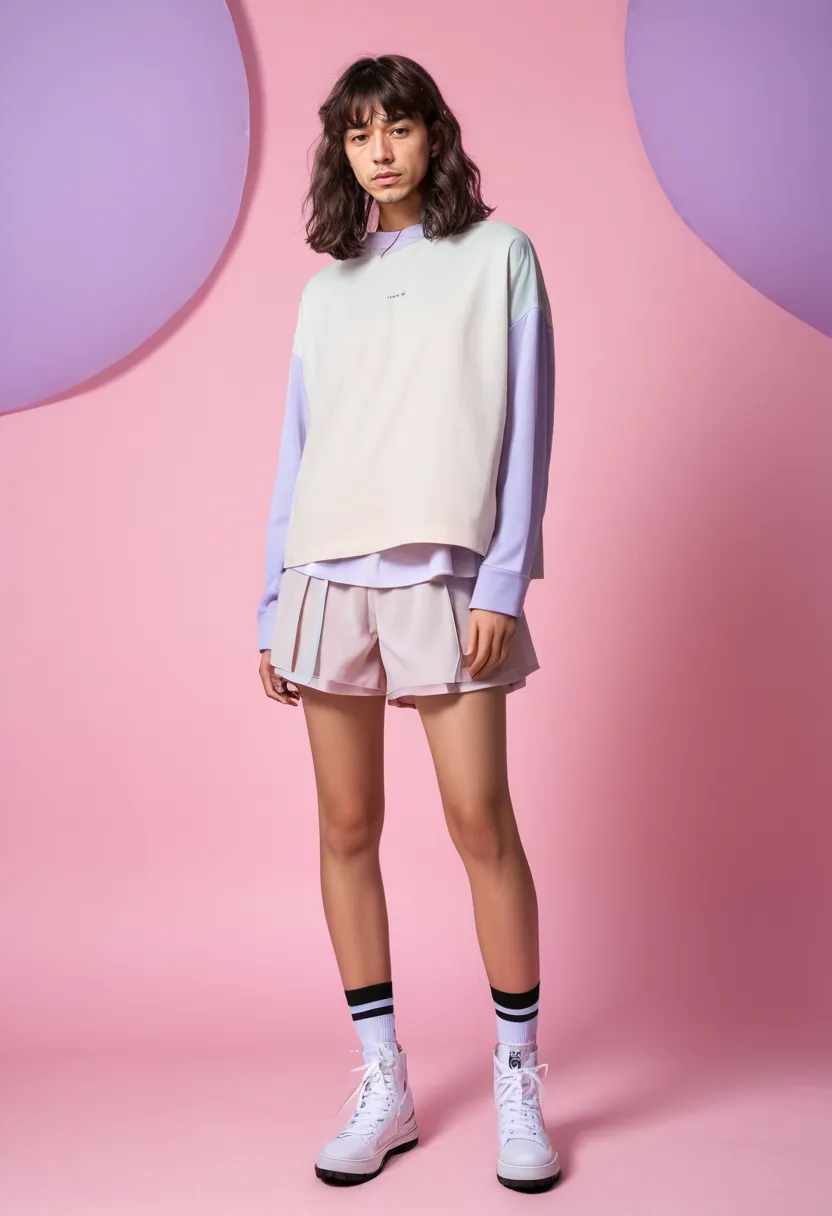 Harajuku femboy look featuring layered blush and lavender separates in soft cotton and chiffon with oversized silhouettes