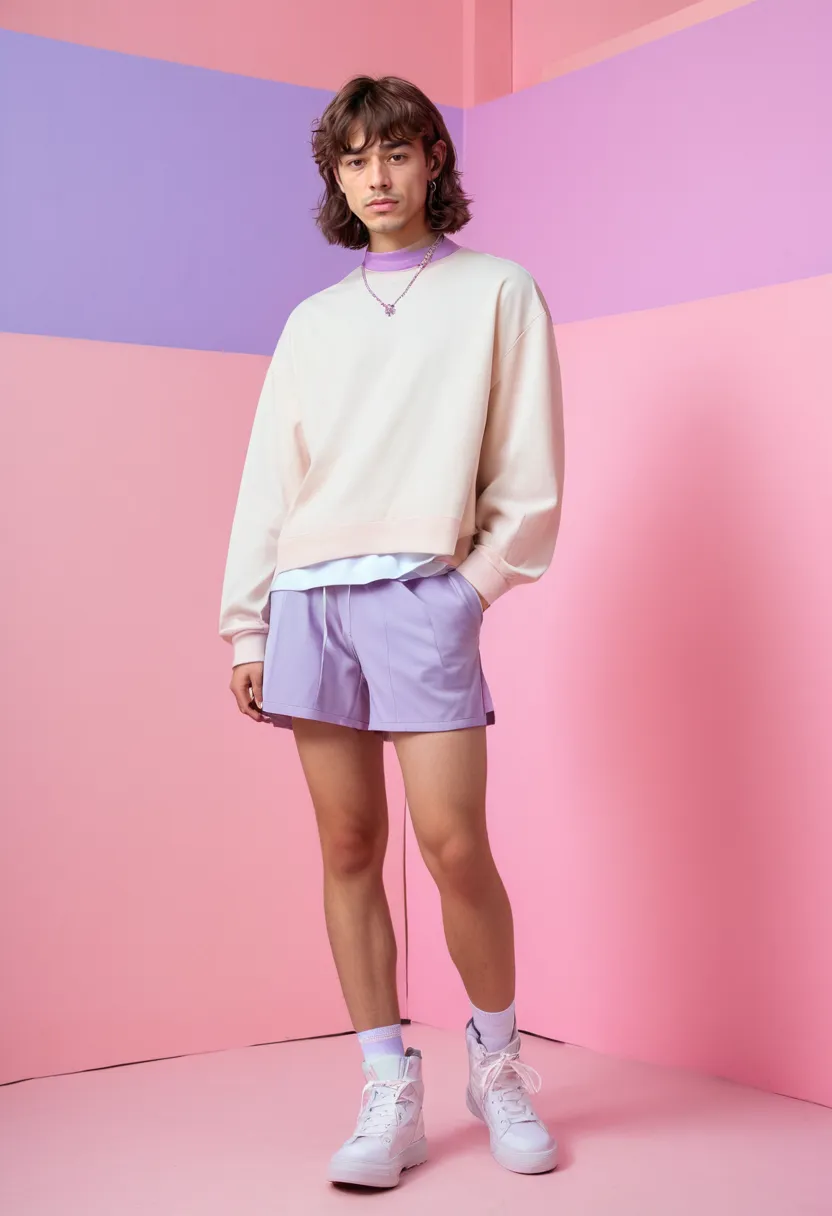 Man wearing a Harajuku-influenced modern femboy outfit with layered pastel separates in oversized silhouettes, soft cotton and chiffon in blush and lavender under neon noir lighting