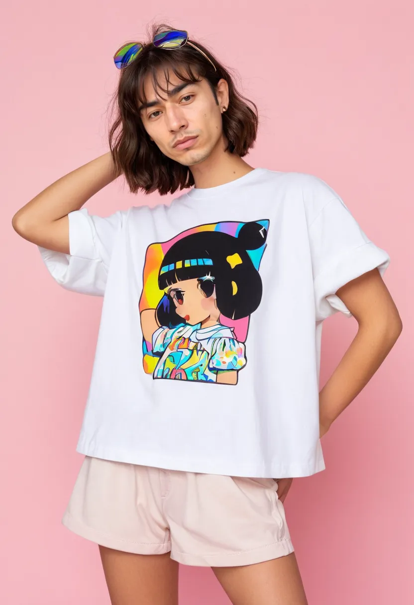 Man in relaxed fit kawaii tee with bold cartoon graphics and puffed sleeves, holographic accents in background