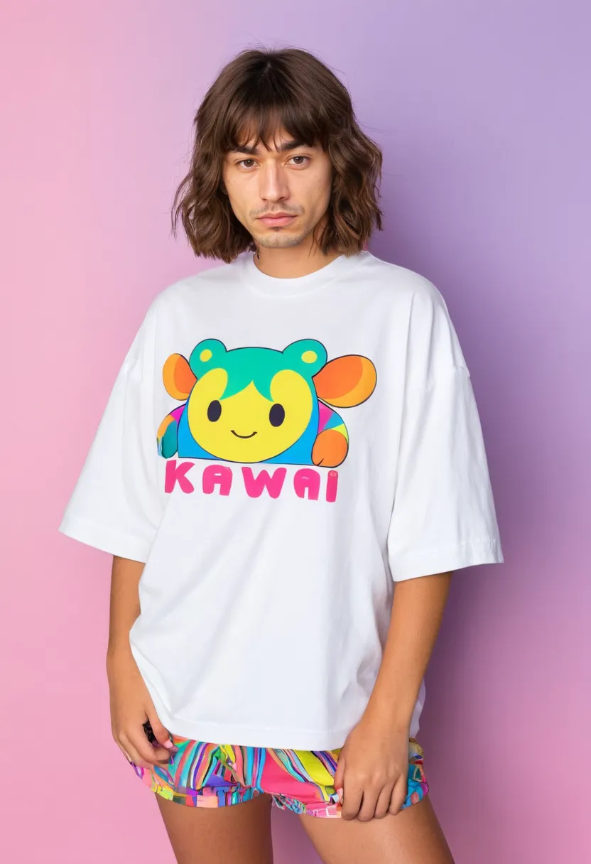 Kawaii style for boys featuring an oversized boxy white tee with character print and puffed elastic cuff sleeves, neon noir studio backdrop