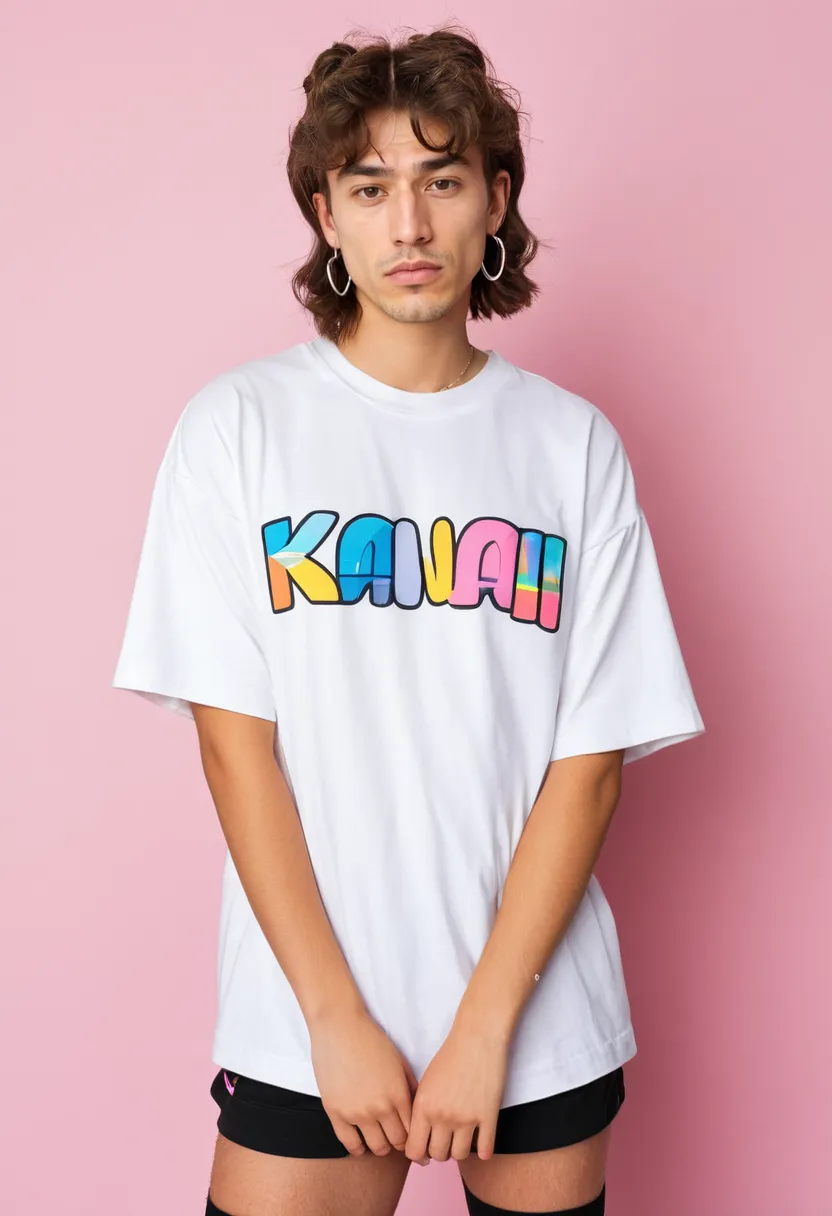 A man wearing an oversized kawaii t-shirt in white cotton jersey with a bold colorful character print and wide puffed sleeves with elastic cuffs