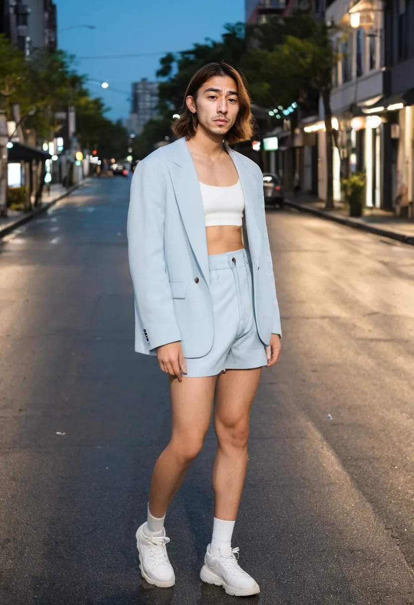 K-beauty soft boy look with structured outer layer over a soft fitted inner
