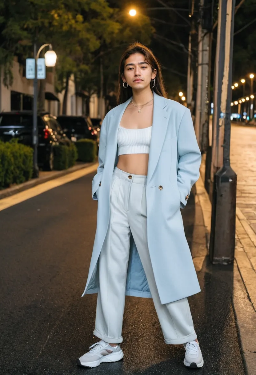 Man wearing a pale blue oversized blazer with a white ribbed crop top