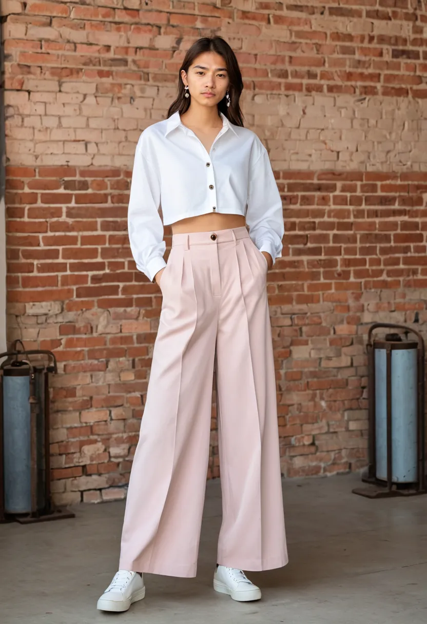 Polished daily K-pop inspired look with pastel pink trousers and clean white cropped button-down