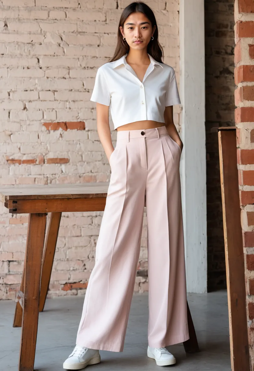 Korean feminine boy outfit with pink wide-leg trousers and cropped white shirt in an industrial loft setting