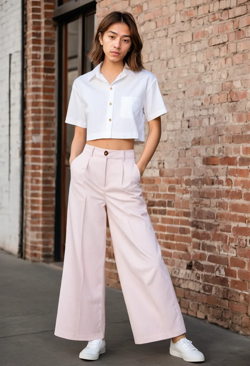 Boy wearing soft pink wide-leg trousers and a cropped white button-down in smooth cotton fabrics