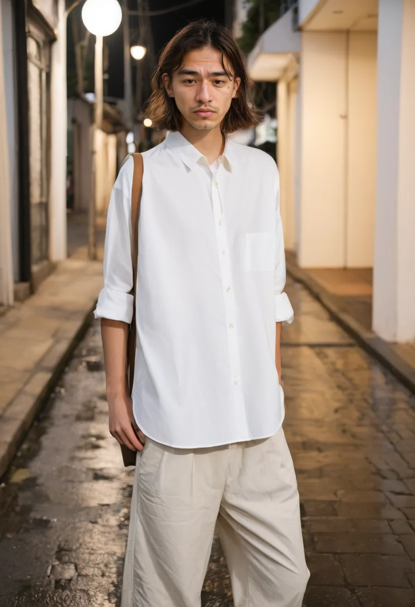 Soft feminine Korean menswear look featuring oversized poplin shirt and cream wide-leg trousers