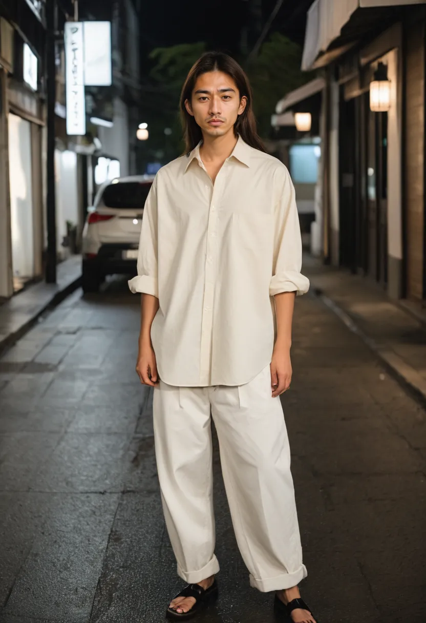Korean soft boy style outfit with smooth pale fabrics and minimal polished silhouette